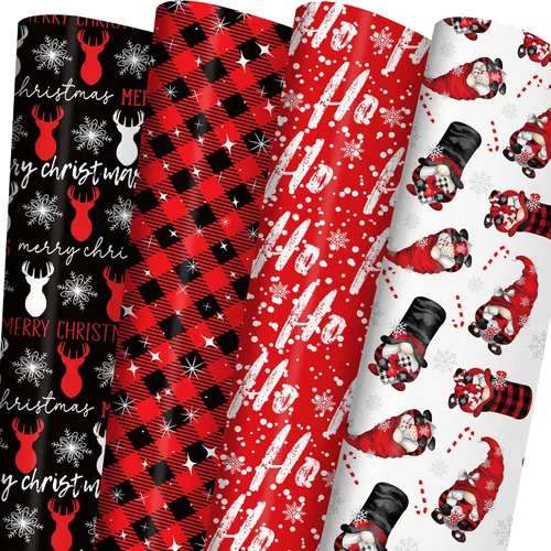ZINTBIAL Papel de regalo de Navidad para niños y adultos, papel de regalo de Navidad con cuadros rojos/negros, renos, gnomos, palabras "Ho Ho", 28 x