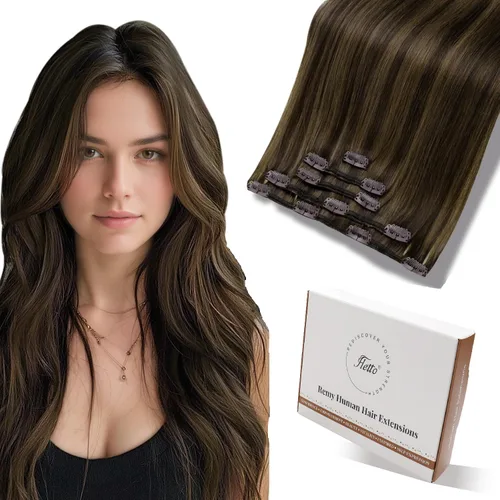 Miniatura 21 de Hetto - Extensiones de cabello humano onduladas con clip, color #2 castaño oscuro, extensiones de cabello humano natural para cabeza completa