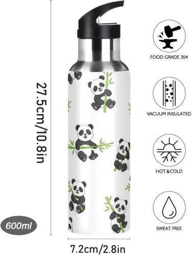 Miniatura 9 de BPA-Free Sport Water Bottle Insulated 20 Oz, Insulated Stainless Steel Water Bottle with Straw for Gym Outdoor Travel School, Cute Cartoon Pandas