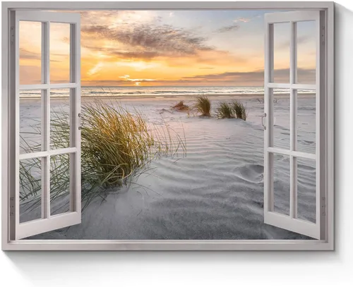 Miniatura 7 de Arte de pared con ventana abierta del océano: puesta de sol, escena de playa costera, pintada sobre lienzo, paisaje marino azul, veleros náuticos