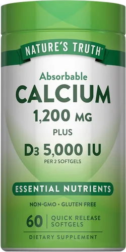 Nature's Truth Calcio 1200 mg con vitamina D3 5000 UI | 60 cápsulas blandas | de carbonato de calcio | Suplemento sin OMG y sin gluten