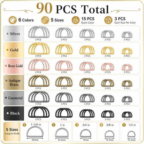 Miniatura 3 de Shimeyao 90 anillos en D de metal de colores surtidos para monedero, hebillas en forma de D, multiusos, semicirculares para coser bolsas