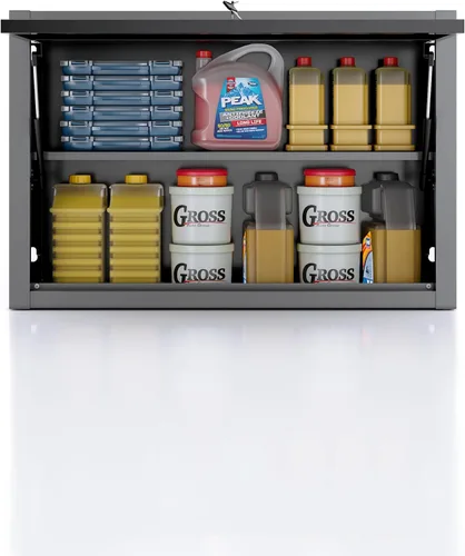 Miniatura 5 de JZD Armario de pared de metal con estante extraíble, armario colgante con cerradura con puerta que se abre hacia arriba, para cocina, almacén