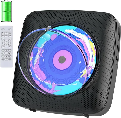 Reproductor de CD portátil con Bluetooth recargable: reproductores de CD para el hogar con 1800mAh Kegaudio de escritorio, reproductor de CD de Negro