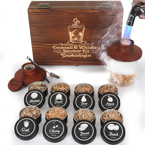 KIT DE AFUMADO PARA WHISKY, CÓCTEL Y ESTILO ANTIGUO DE SMOKEOLOGIST CON ANTORCHA – incluye 8 sabores únicos de madera natural, lujosa caja de regalo