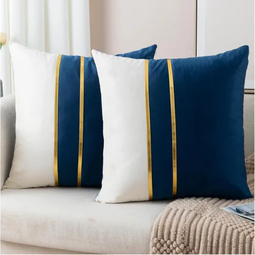Miniatura 14 de ZLINA Juego de 2 fundas de almohada decorativas de terciopelo verde aguamarina y blanco con parches y cuero dorado de 16 × 16 pulgadas, fundas