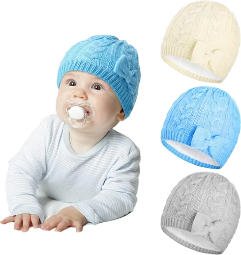 Miniatura 6 de 3 Pieces Fleece Lined Baby Beanie with Bow, Infant Newborn Toddler Kids Winter Warm Knit Cap for Boys Girls
