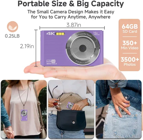 Miniatura 4 de Cámara digital, cámara de enfoque automático 4K para fotografía con tarjeta de 64GB, cámara digital compacta portátil de 44MP para adolescentes