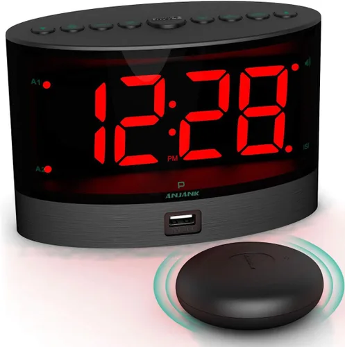 ANJANK Reloj despertador extra fuerte para durmientes pesados, agitador de cama inalámbrico, alarma dual vibratoria, sordos y con discapacidad