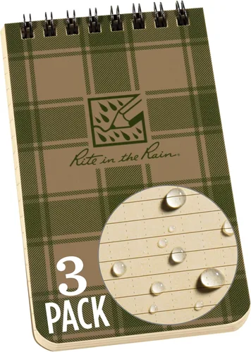 Rite in the Rain - Cuaderno con espiral superior resistente a la intemperie, 3 x 5 pulgadas, cubierta a cuadros color canela y verde, patrón