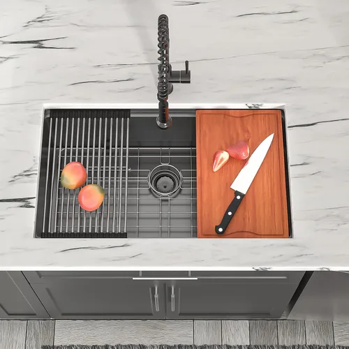 Miniatura 8 de Fregadero Dcolora de 30 Pulgadas para Instalación Bajo Encimera Negro de Acero Inoxidable Fregadero de Cocina Bajo Encimera Estación de Trabajo