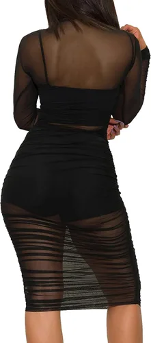Miniatura 2 de LYANER Vestido de malla para mujer manga larga ajustado 3 piezas con pantalones cortos