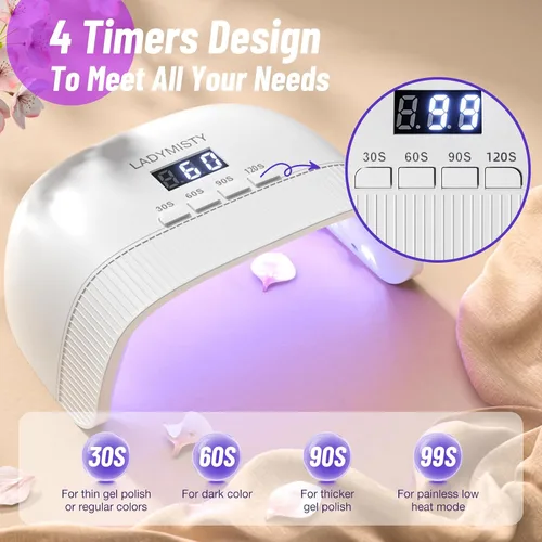 Miniatura 4 de LadyMisty Lámpara de uñas UV, secado rápido, luz UV para uñas de gel con 30 cuentas de lámpara dual, 4 temporizadores, pantalla LCD, luz LED de bajo