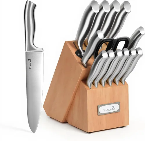 Miniatura 10 de Kuisine Juego de Cuchillos de Chef Mejorado, Hoja Ultra Afilada de Acero Inoxidable con Alto Carbono Mango Ergonómico, Juego de Bloque de Cuchillos