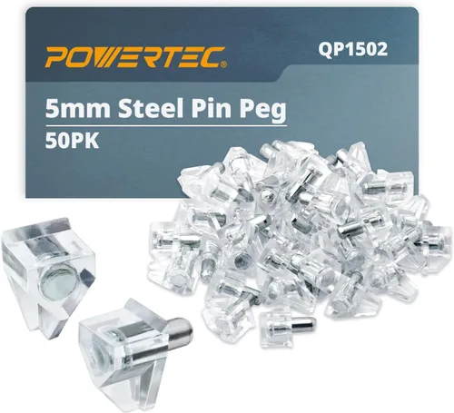 POWERTEC QP1502 - 50 clavijas transparentes para estantes, estantes de cocina, estantería, armario y muebles, 50 piezas, soportes de metal chapados
