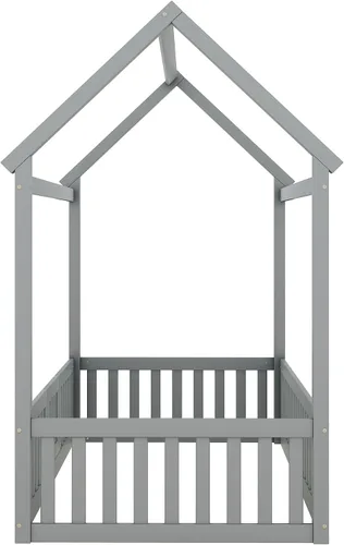 Miniatura 6 de Merax Cama de madera de tamaño individual con valla y puerta, marco de cama de madera con techo para adolescentes, niños o niñas, gris