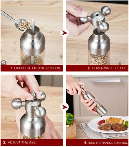 Miniatura 4 de Molinillo de sal y pimienta, grifo manual de acero inoxidable con asa, grosor ajustable recargable, para el hogar, restaurante, barbacoa, plata, M