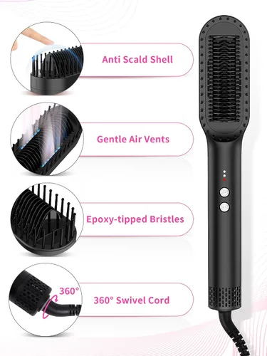 Miniatura 4 de Cepillo alisador de cabello con rejillas de ventilación, peine alisador de aire caliente todo en 1 para mujeres negras, doble voltaje, apagado