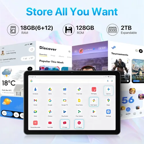 Miniatura 5 de Tablet The World's First Android 15 con Gemini AI,10.1 pulgadas 18GB RAM 128GB ROM 2TB TF, velocidad hasta 2.0 GHZ, Widevine L1,5000mAh, radio FM