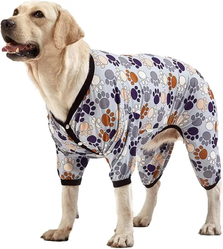 LovinPet Mameluco para perros de razas grandes, pijama para perro, tela elástica ligera, camisa de manga larga para perro, estampado Paw-Some gris