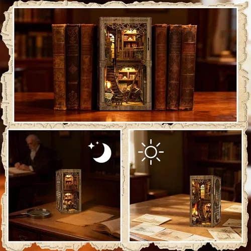 Miniatura 5 de Kit de rincón de libros, kit de casa en miniatura para adultos y adolescentes, rompecabezas de madera 3D para decoración de estantería, regalos
