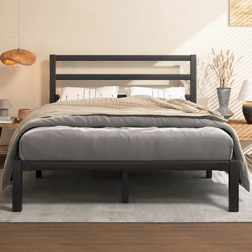 Miniatura 10 de E-Motie - Base de cama de tamaño individual, marco de cama de plataforma metálica con cabecero y estribo, espacio de almacenamiento debajo