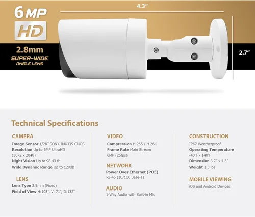 Miniatura 3 de Marquis HD 6MP PoE IP Color vu Bullet Cámara 24/7 Color Night SonyStarvis Sensor w/Audio y ranura para tarjeta SD Cámara de seguridad IP IP67