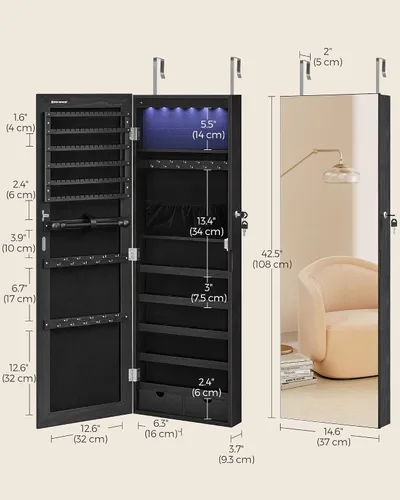 Miniatura 22 de SONGMICS Gabinete colgante de joyería, gabinete de pared con luces interiores LED, organizador de joyas montado en la puerta, espejo de cuerpo Blanco