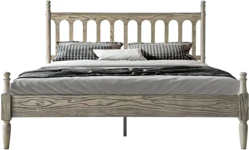Miniatura 12 de Marco de cama de plataforma de madera maciza tamaño King con cabecero y pie de cama, base de 12 listones resistentes, patas de metal, no necesita