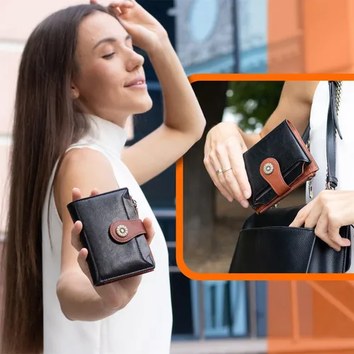 Miniatura 6 de Cartera pequeña para mujer, con bloqueo RFID, de piel suave, plegable, compacta, tarjetero para mujer, con bolsillo con cremallera, color negro