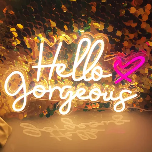 Miniatura 13 de Letrero de neón con texto en inglés "Hello Gorgeous Neon", luces LED de neón rosadas para el hogar, boda, cumpleaños, telón de fondo, fiesta