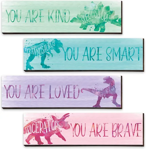 Miniatura 8 de Yalikop 4 piezas de decoración de habitación de dinosaurio para niños, pósters inspiracionales placa de pared para dormitorio de niños guardería