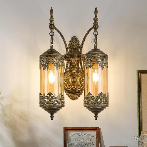 VitaLink Aplique de pared rústico de cristal vintage con 2 luces y estilo gótico antiguo, lámpara de pared retro de mediados de centro, lámpara de