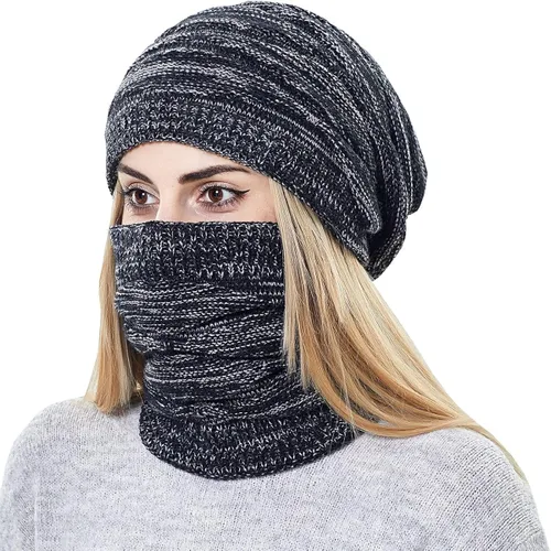 Miniatura 4 de Conjunto de gorro y bufanda para mujer de punto cálido gorro de esquí de invierno con forro polar