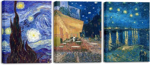 Wieco Art 3 Paneles de Impresiones en Lienzo de Pinturas de Vincent Van Gogh Reproducción Noche Estrellada sobre el Ródano Terraza del Café por la