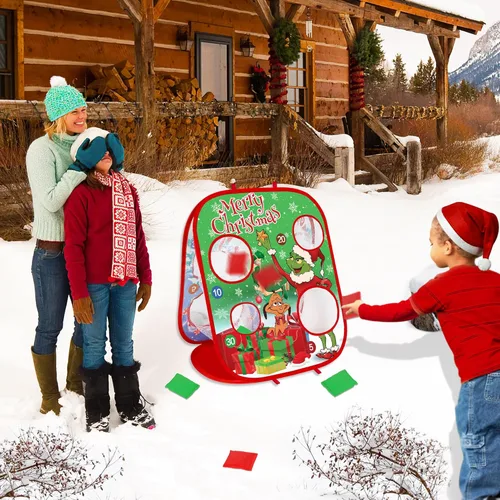 Miniatura 5 de Juegos de lanzamiento de bolsas de frijoles de Navidad para niños, juegos de fiesta de Navidad, tablero de Cornhole plegable de doble cara, juguetes