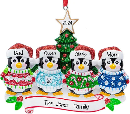 Miniatura 10 de Adorno de pareja de suéter navideño feo personalizado 2026 Familia de 2 pingüinos para árbol de Navidad Recuerdo personalizado único de nuestra