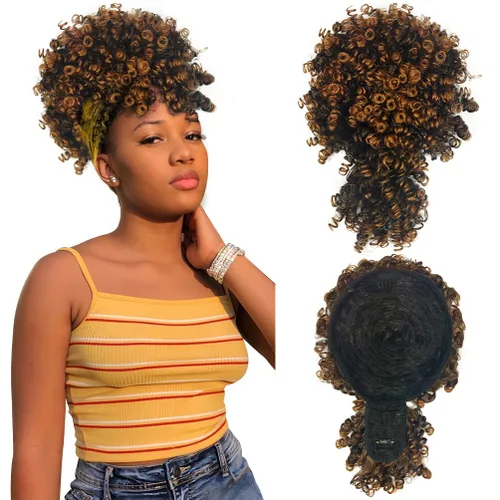 Miniatura 6 de MODSIGHT Cola de caballo afro hinchada con cordón y flequillo, moño de cola de caballo rizada crespa negra con flequillo, postizos para peinados