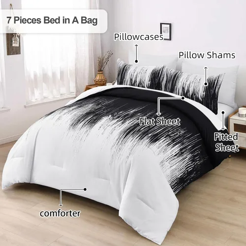 Miniatura 2 de Dinjoy Juego de edredón de color negro degradado, tamaño matrimonial, color negro y blanco, juego de ropa de cama bohemio para adolescentes, hombres