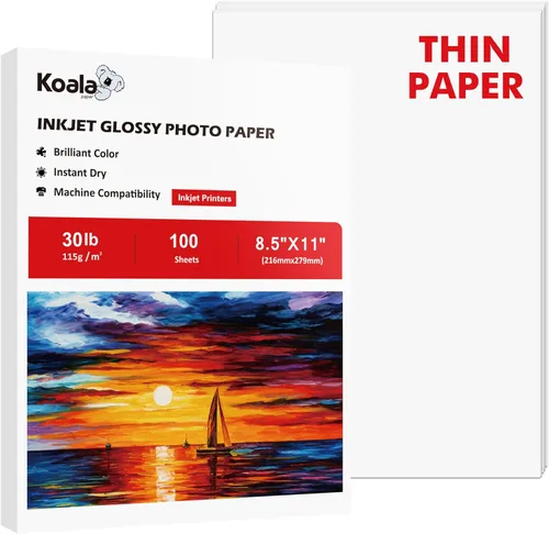 Papel de inyección de tinta brillante y delgado Koala 8.5x11 pulgadas 100 hojas compatible con impresora de inyección de tinta uso TINTA DE TINTE