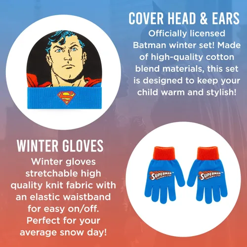 Miniatura 2 de DC Comics Sombrero de invierno para niños pequeños, conjunto de sombrero y guantes de Batman para niños, sombrero de invierno para niños con guantes