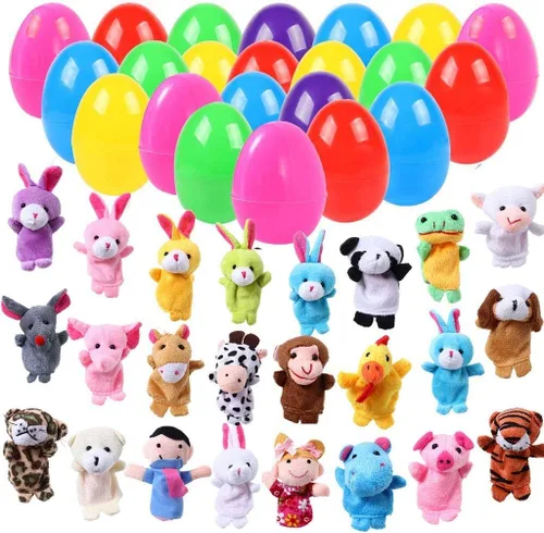 24 huevos de Pascua rellenos con marionetas de dedo para rellenar cestas de Pascua, búsqueda de huevos de Pascua, recuerdo de fiesta de Pascua,