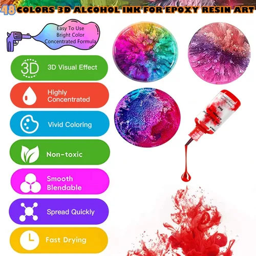 Miniatura 5 de Juego de tinta de alcohol – 48 botellas de colores vibrantes de alta concentración de tinta a base de alcohol, tinte de color de pintura de resina