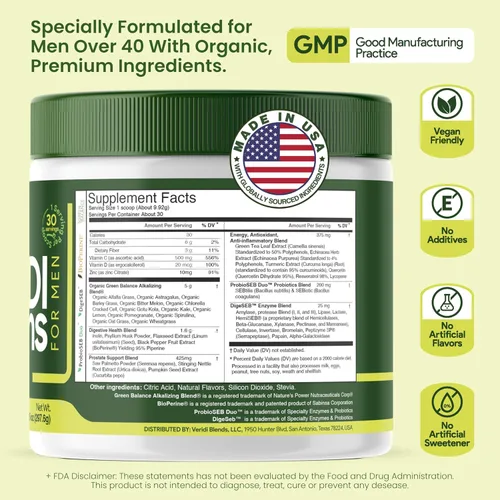 Miniatura 7 de Veridi Greens for Men 40+ Superalimento en polvo con palma enana americana 200 mg y espirulina Salud diaria de la próstata, flujo urinario