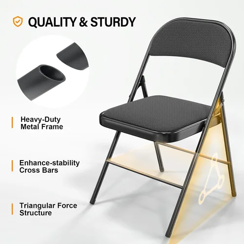 Miniatura 4 de VINGLI Paquete de 4 sillas plegables con asientos acolchados, marco de metal con asiento y respaldo de tela, capacidad de 350 libras, color negro