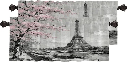 Miniatura 34 de Cortinas opacas de cocina con pintura al óleo de Europa rosa y negra para ventanas, cenefas opacas modernas de torre Eiffel de poliéster multicapa