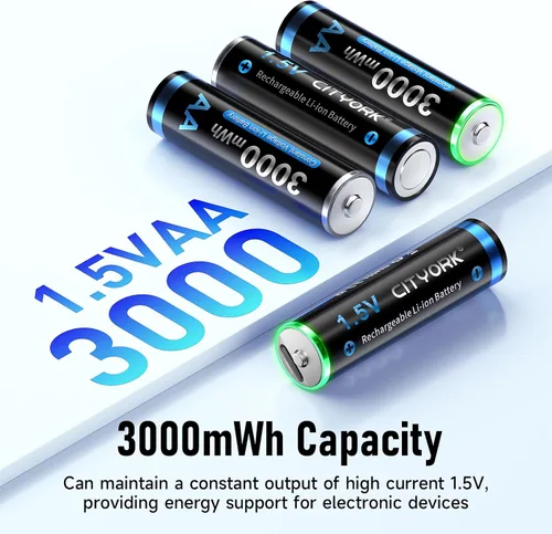 Miniatura 3 de CITYORK Baterías recargables AA de litio de 3000 mWh, paquete de 8, batería doble A recargable USB de 1.5 V