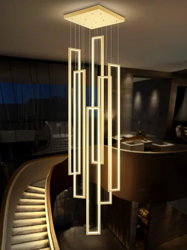 Miniatura 9 de Flashing God Candelabro moderno, candelabros cromados con 6 anillos LED, lámpara de techo alto más grande para sala de estar, lámpara rectangular