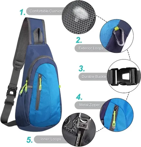 Miniatura 5 de TITECOUGO Bolso bandolera pequeño, mochila cruzada ligera para hombres y mujeres, bolsa de hombro para deportes y exteriores Azul marino/azul