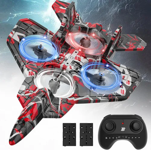 BEZGAR Avión RC, avión de control remoto de espuma, dron para niños, avión RC para niños y niñas, helicóptero jet de combate con luces LED, Rojo